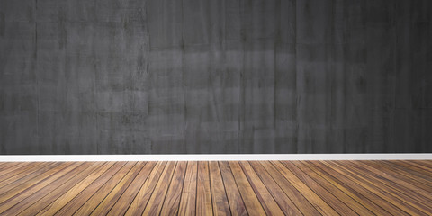 Room with concrete black wall and wooden floor 3D Illustration