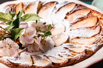 The concept of oriental cuisine. National Austrian Desserts - Overhead shot of cheesecake with sour apples. Close up