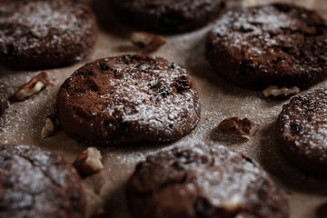 chocolate chip cookies with chocolate chips. sweet pastries. dark background. view from above