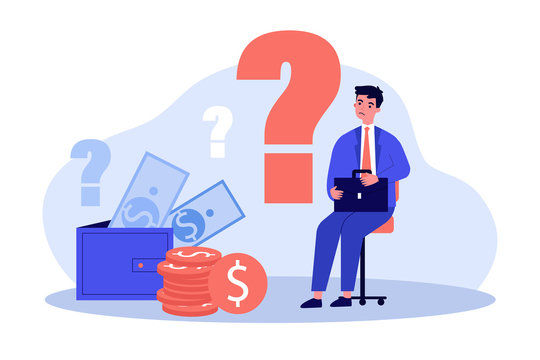 Sad man concerned about financial problem, money need and unpaid loan debts. Male character, question mark, wallet with cash. Vector illustration for finance, bankruptcy, trouble concept