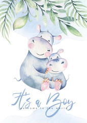 Hand drawn cute isolated tropical summer watercolor hippo animals. hippopotamus baby and mother cartoon animal illustrations, jungle tree, brazil trendy design. Aloha collection.