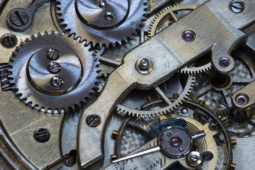 Old Clock Watch Mechanism with gears - close-up