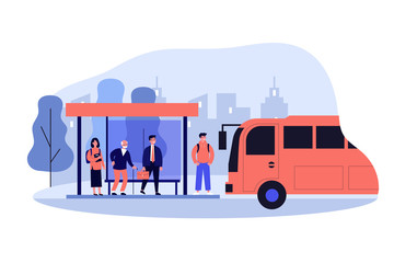Passengers standing at bus stop. Businessman, senior man, student waiting vehicle. Vector illustration for city transportation, commuters, urban life concept