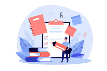 Man with marker making checklist. Male character with school supplies, papers, notes, memos, notebook. Vector illustration for planning, manager job, stationery concept © Bro Vector