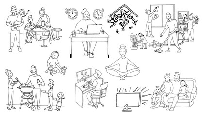 set, family, husband, wife and two small children spend time together during quarantine, vector illustration, black and white, doodle