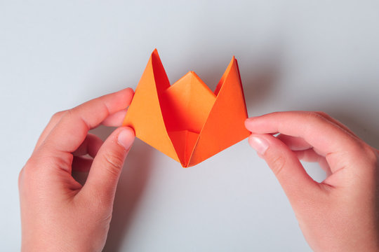 Step by step photo instruction. How to make origami paper boat. DIY for children. Children's art project craft for kids