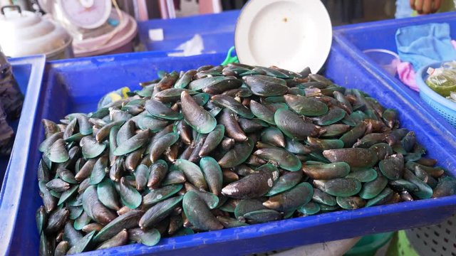 Close up shot of clams in China food market