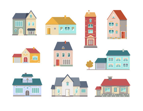 Village houses flat icon collection. Front view of small town buildings and apartments vector illustration set. Exterior and constructions facade concept