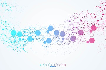 Science network pattern, connecting lines and dots. Technology hexagons structure or molecular connect elements.