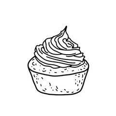 Cute little cupcake with cream on a white background. Black and white vector illustration of a cream muffin decorated with cream. Isolated object for printing, menu, coloring.