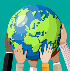 Hands reaching for the Earth. Different skin color people together holding planet. Tolerance, race equality, human diversity, climate change, global warming, ecology concept. Flat vector illustration