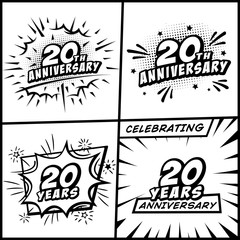 20 years anniversary logo collection. 20th years anniversary celebration comic logotype. Pop art style vector and illustration.