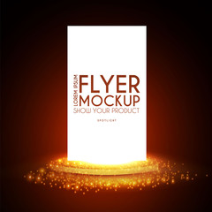 Realistic flying business card, poster and flyer mockup with 3D empty scene. Paper blank and light effect.