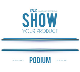 Round Podium. Scene, pedestal and 3D platform with light. Advertising, award and win design. Show and sale background. Realistic presentation mockup. Blue and gold shelf set.