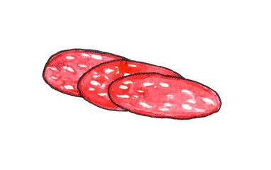 Watercolor illustration of salami or pepperoni sausage slices.
