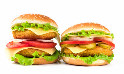 two hamburgers on a white background close-up