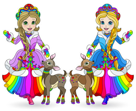 Set of illustrations in stained glass style with funny cartoon snow Princess figures isolated on a white background