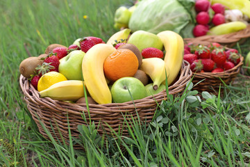 Organic fresh fruit and vegetable, healthy food in basket, vegetarian food