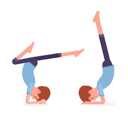 Yogi man in sport wear practicing yoga, headstand, variation of salamba sirsasana pose and handstand exercise, handsome guy training for healthy habit workout. Vector flat style cartoon illustration