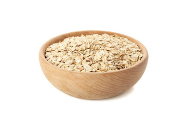 Bowl with oatmeal flakes isolated on white background