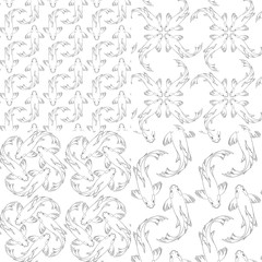 Set of black and white seamless patterns with koi carp fish. Vector backgrounds.