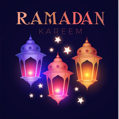 Ramadan Kareem Greeting. Islamic Holiday Design Template. Oriental Lantern with Light.