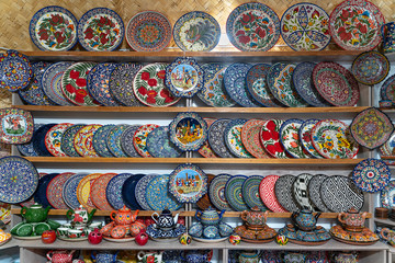 The uzbek market with traditional uzbekistan dishes in Bukhara