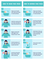 Fototapeta na wymiar How to wear and remove face mask properly. Step by step infographic illustration of how to wear and how to remove a medical mask. Flat design illustration.