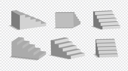 Set of 3d white stairs isolated on transparent background. Architectural white staircases, steps collection for interior illustration isolated on white background.