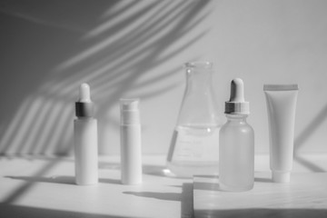 cosmetic skincare set with the laboratory flask.