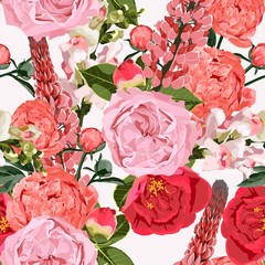 Seamless pattern of roses flowers with peony, leaves, lupines and pink bells on white. Vintage style.