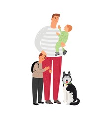 Father with sons and dog. Man holding baby, pet sitting on floor. Children and dad vector characters