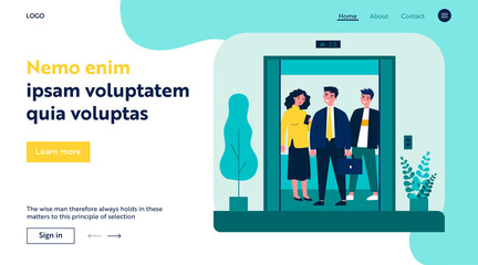 Positive people standing on elevator cab. Men and woman standing inside lift cabin with open doors. Vector illustration for architecture, transportation, technology concept © Bro Vector