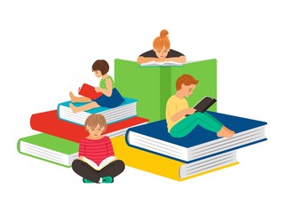 Kids reading. Stay home, children with books. Boy girl read fairy tales. Education and study vector illustration