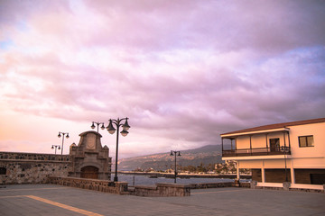 Fototapeta premium Plaza de Europa place in the old Spanish touristic town. View from the square to the atlantic ocean. Puerto De La Cruz, Canary Islands, Spain - March 15 2020