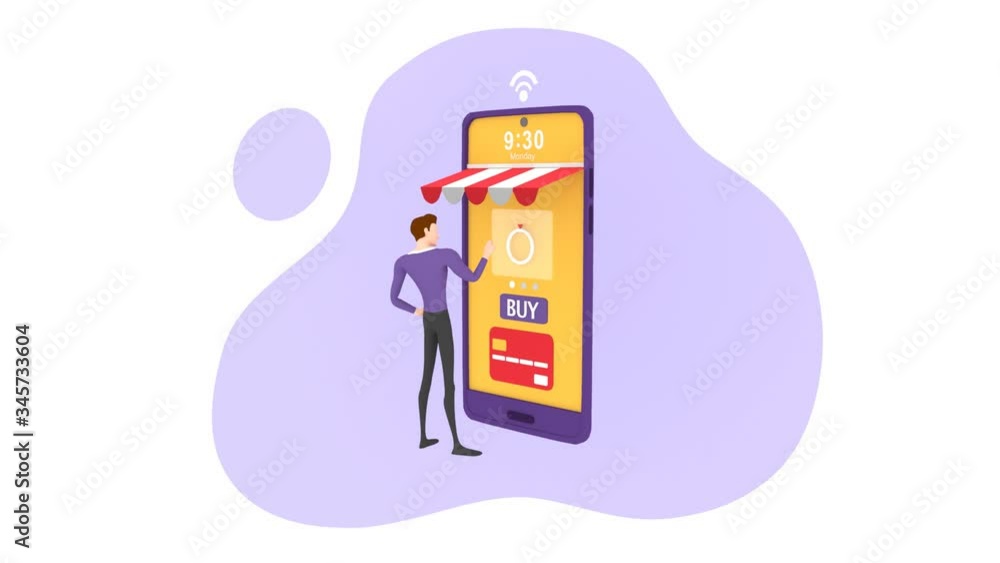 Poster seamless loop cartoon character animation man choosing order on phone, mobile. concept digital onlin