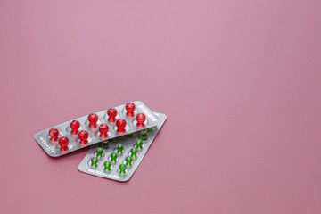 Medicine. Pills in blister packs textured background, close up, selective focus. 