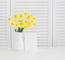Closeup of yellow daffodil flower in the vase over white shutters background. Clean provence style decoration.
