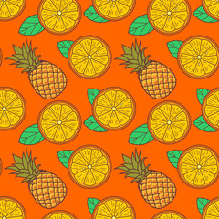 Pineapple and Orange fruit seamless pattern. Flat style vector illustration.