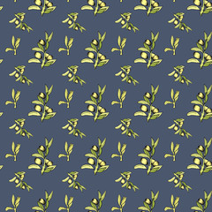 hand drawn watercolor seamless pattern of repeating green olive branches with leaves and berries on a dark blue background.