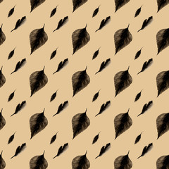 hand drawn watercolor seamless pattern of repeating brown feathers and autumn dry leaves on a beige background.