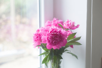 Pink peonies in glass vase. Flowers near the window. Flowers in interior design. Cozy home. Floral shop and delivery concept.