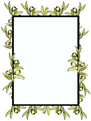hand drawn watercolor rectangular frame of green olive branches with berries and leaves on a white background.