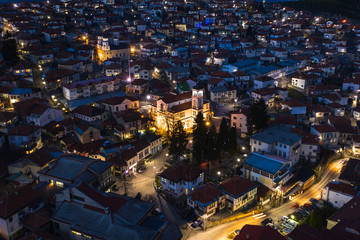 Aerial night view of a city of Krushevo in cental North Macedonia, Balkans