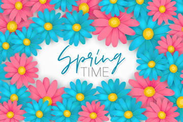 Fototapeta na wymiar Spring time banner or brochure. Blue and pink realistic daisy flowers. Floral design wallpaper. Vector illustration.