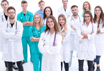 top view. confident doctors and interns looking at the camera.