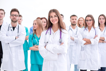 top view. confident doctors and interns looking at the camera.