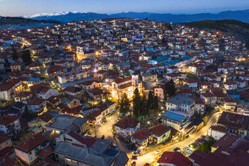 Aerial night view of a city of Krushevo in cental North Macedonia, Balkans