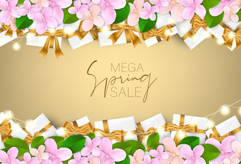 Mega Spring Sale banner or brochure cover. Floral promo design template with pink and orange flowers and green leaves, and gift boxes with golden bow and ribbon. Vector illustration.