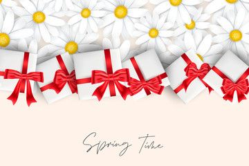 Spring Time banner or flyer background. Tender white daisy flowers and gift boxes design with handwritten lettering. Vector illustration.